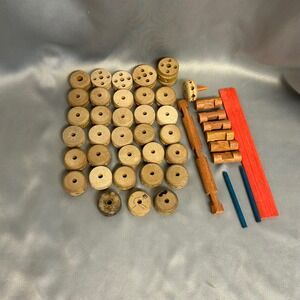Vintage Wooden Tinker Toy Style Building Set Spools Logs Rods Mixed Lot